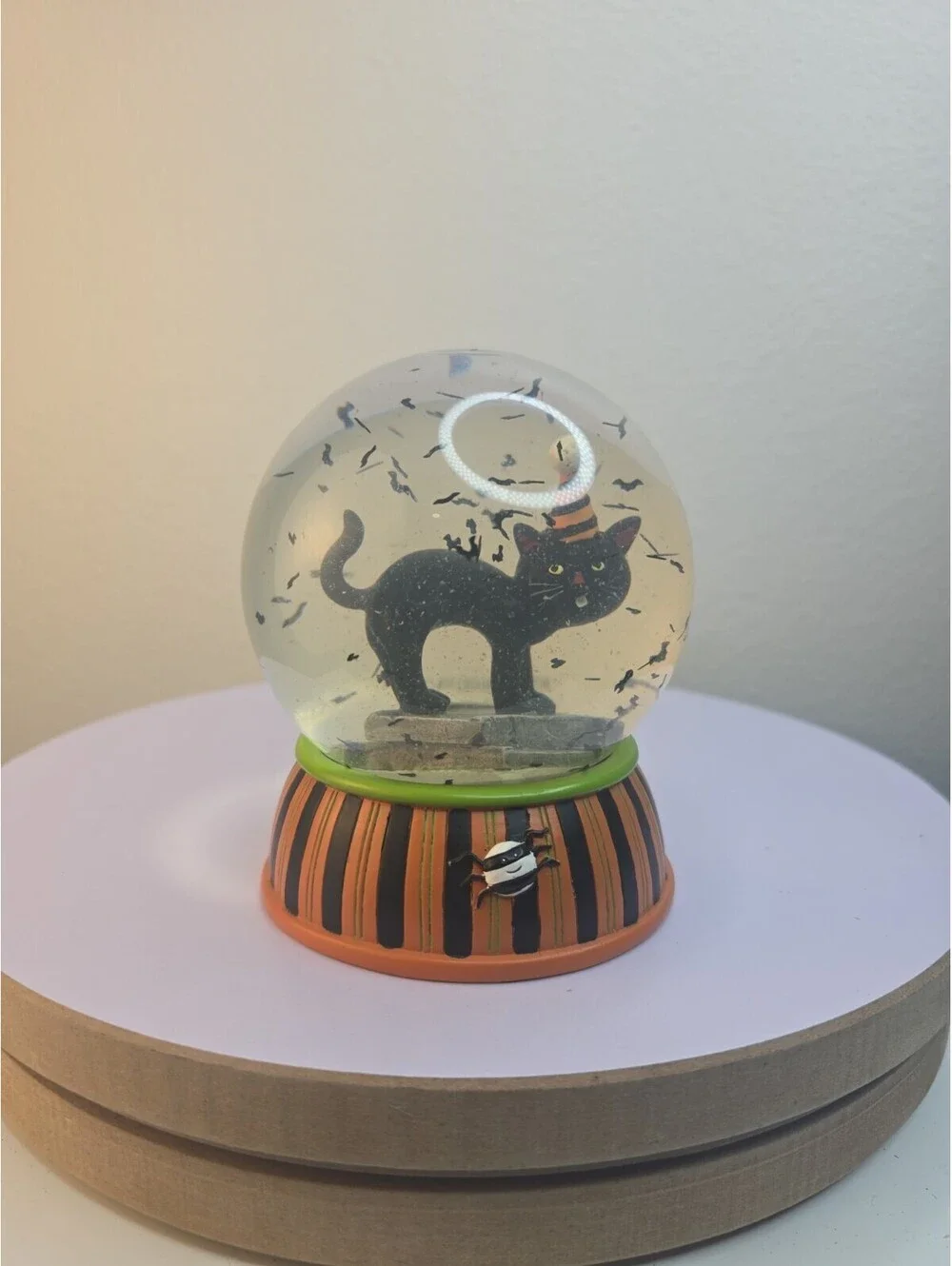 Vintage Halloween Black Cat Snow Globe Water Globe Party Hat Striped Spider Base